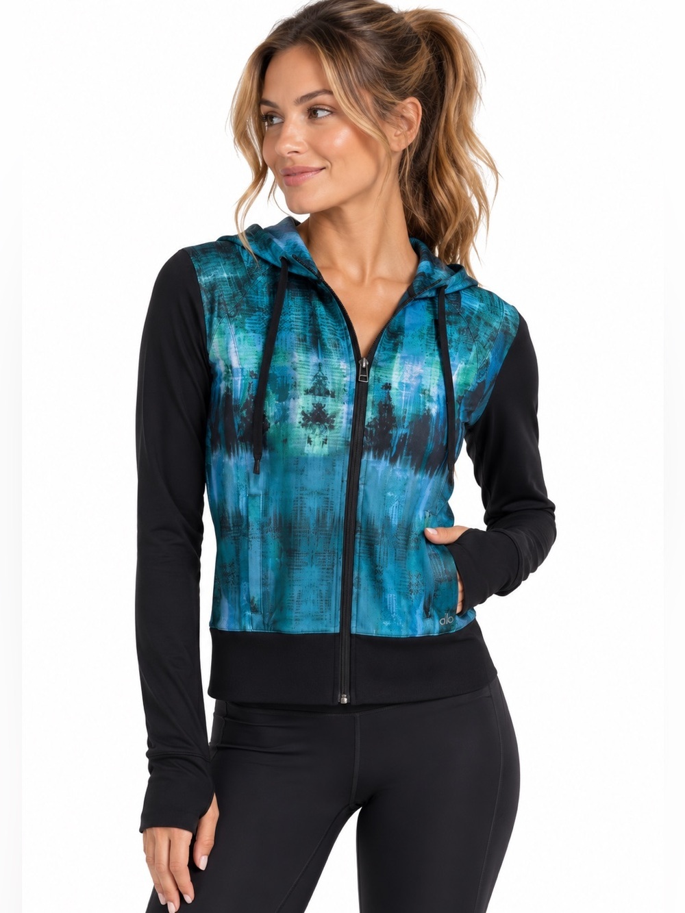 ALO Flow Full Zip Hoodie Jacket Blue-Green Water Color Print S